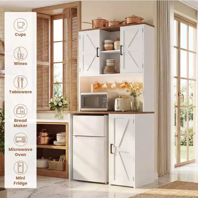 Besiost Kitchen Pantry Cabinet with Mini Fridge Space, Coffee Bar Cabinet with Storage Shelf