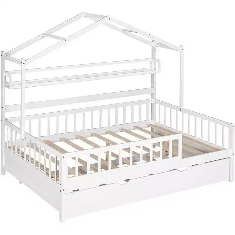 Acekool Full Size House Bed Frame with Twin Trundle, Storage Drawers & Shelves, Roof & Fence, Kids Platform Bed, White