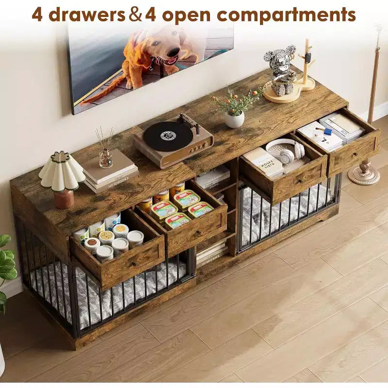 82 Double Dog Crate Furniture, Large Dog Kennel Indoor for 2 Dogs, Heavy Duty Wooden Dog Crate TV Stand with 4 Drawers and Shelves