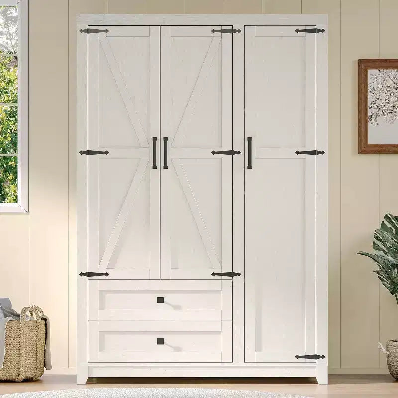 AMERLIFE 47 Farmhouse Wardrobe Armoire with 3 Doors, 2 Drawers, Hanging Rod & Adjustable Shelves, Freestanding Closet Organizer