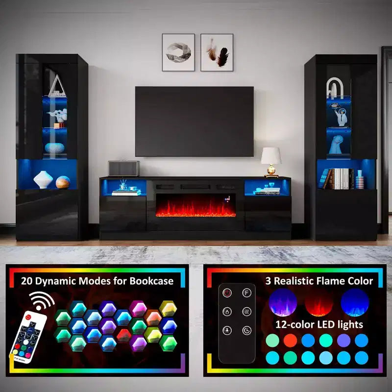AMERLIFE Modern Highgloss Fireplace Entertainment Center Set
