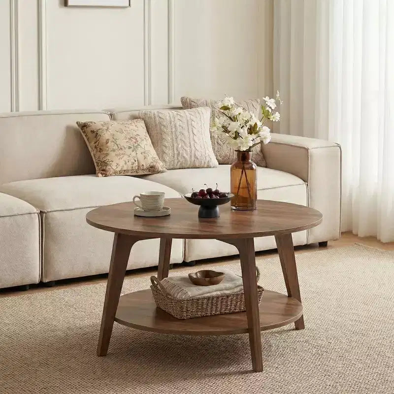 Honey Brown Round Coffee Table with 2 Tiers of Storage, Measuring 31.5 x 17.7 Inches, Ideal for the Living Room