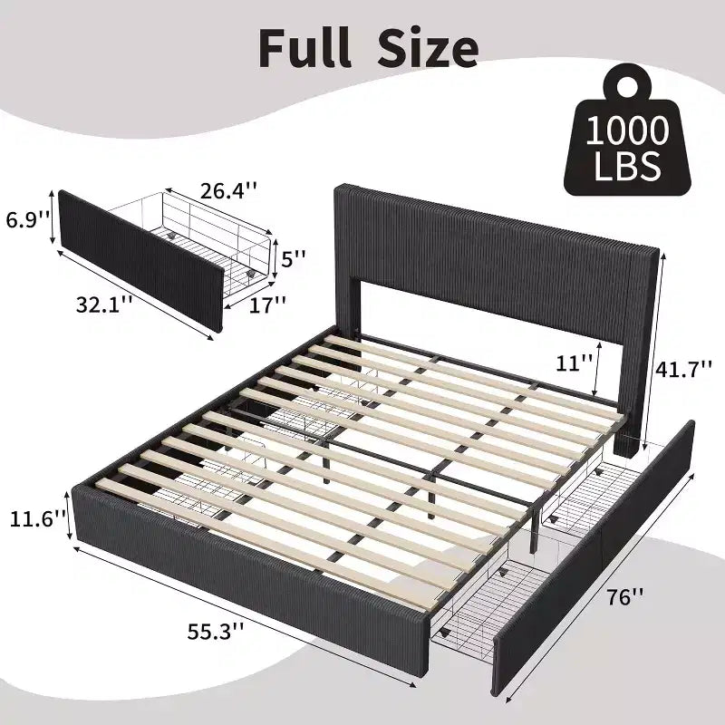 CuisinSmart Corduroy Bed Frame with Headboard, Platform Upholstered Bed Frame with 4 Storage Drawers and Wooden Slats Support