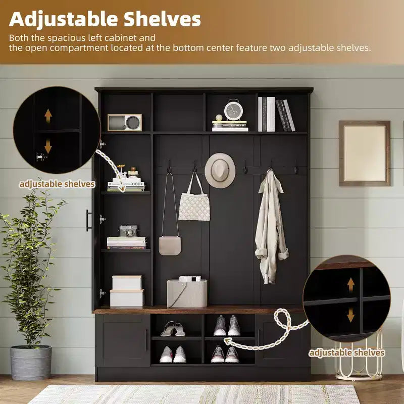 Entryway Hall Tree With Shoe Bench, Multifunctional Coat Rack with 6 Hook,Wood Hallway Coat Hanger with Shoe Storage for Entryway Living Room