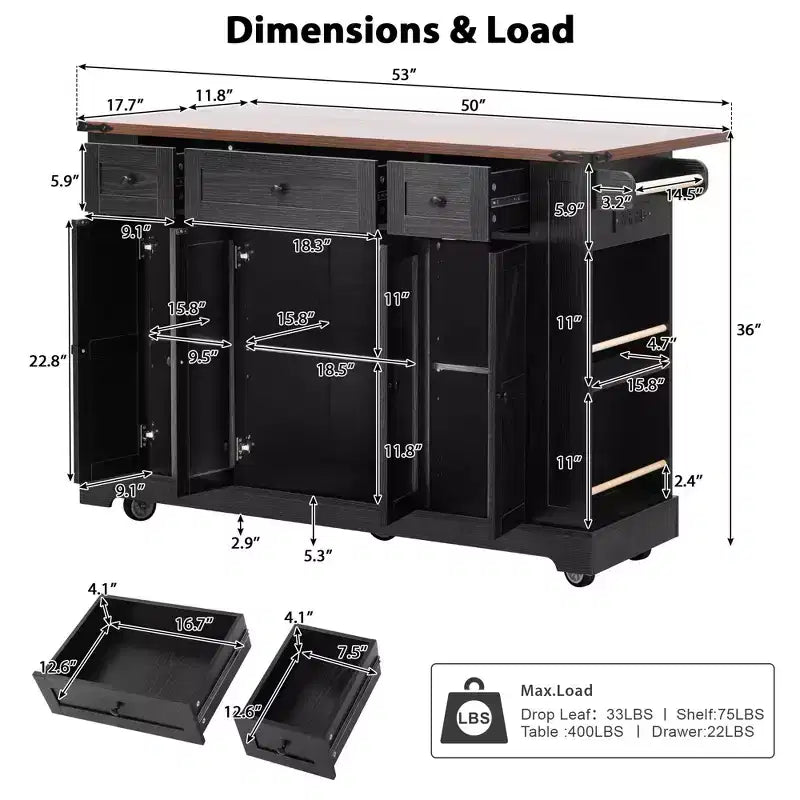 Kitchen Cart with Tempered Glass Doors, Side Racks, Power Outlet, and Drop Leaf