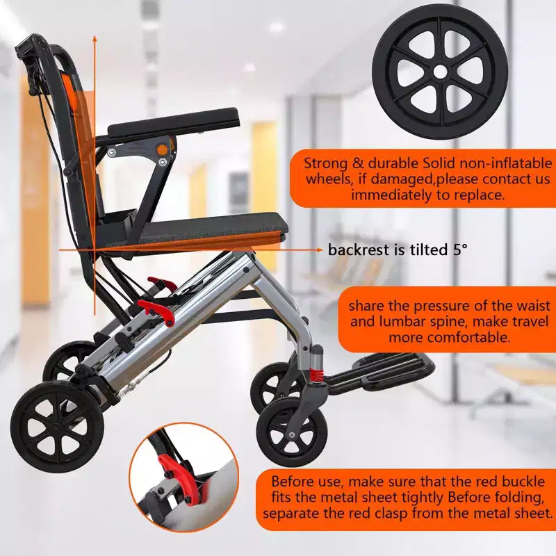 Ultra Lightweight Elderly Transport Wheelchair Portable Lightweight Folding Transport Chair, with Locking Handbrake, Removable Flip Armrests