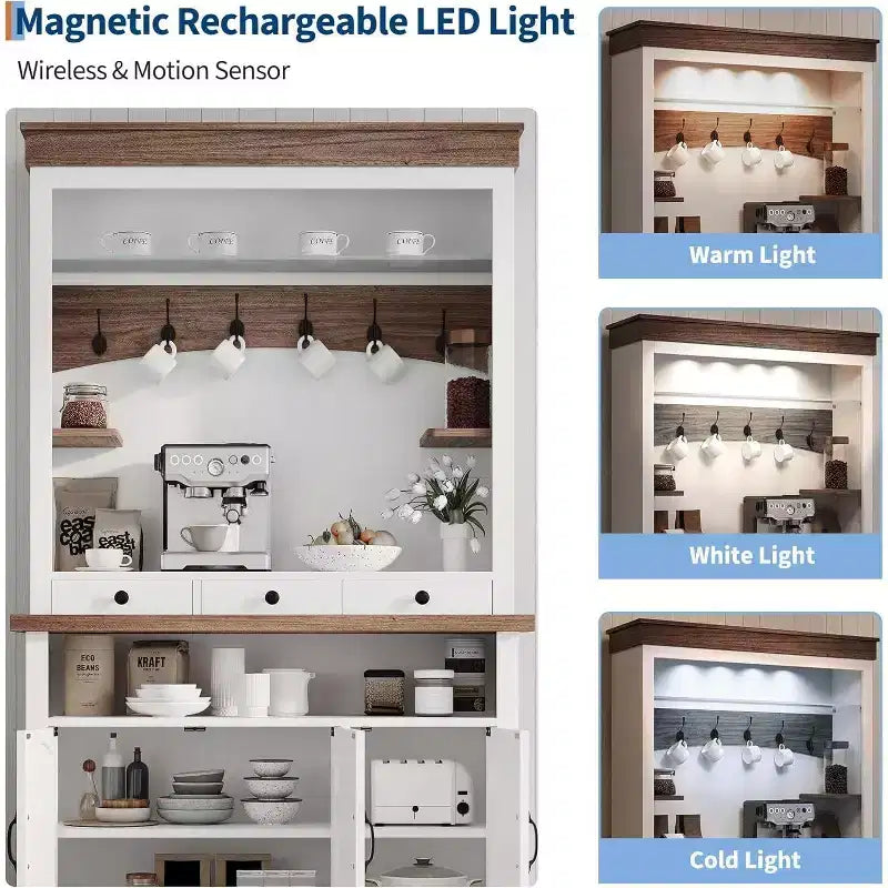 72 Tall Farmhouse Style Coffee Bar Cabinet with LED Lights, Kitchen Buffet Featuring Doors and Drawer, Adjustable Shelves, Spacious Storage