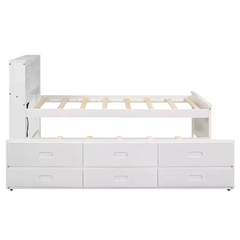 Platform Bed with Trundle and Drawers, Storage Platform Bed with USB, Wood Platform Bed with Bookcase