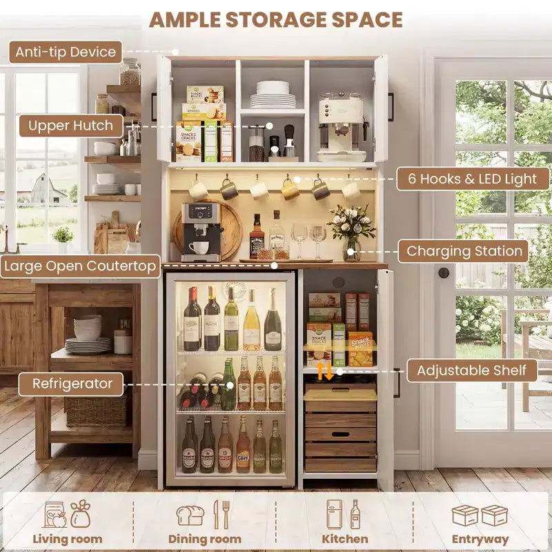 Besiost Kitchen Pantry Cabinet with Mini Fridge Space, Coffee Bar Cabinet with Storage Shelf