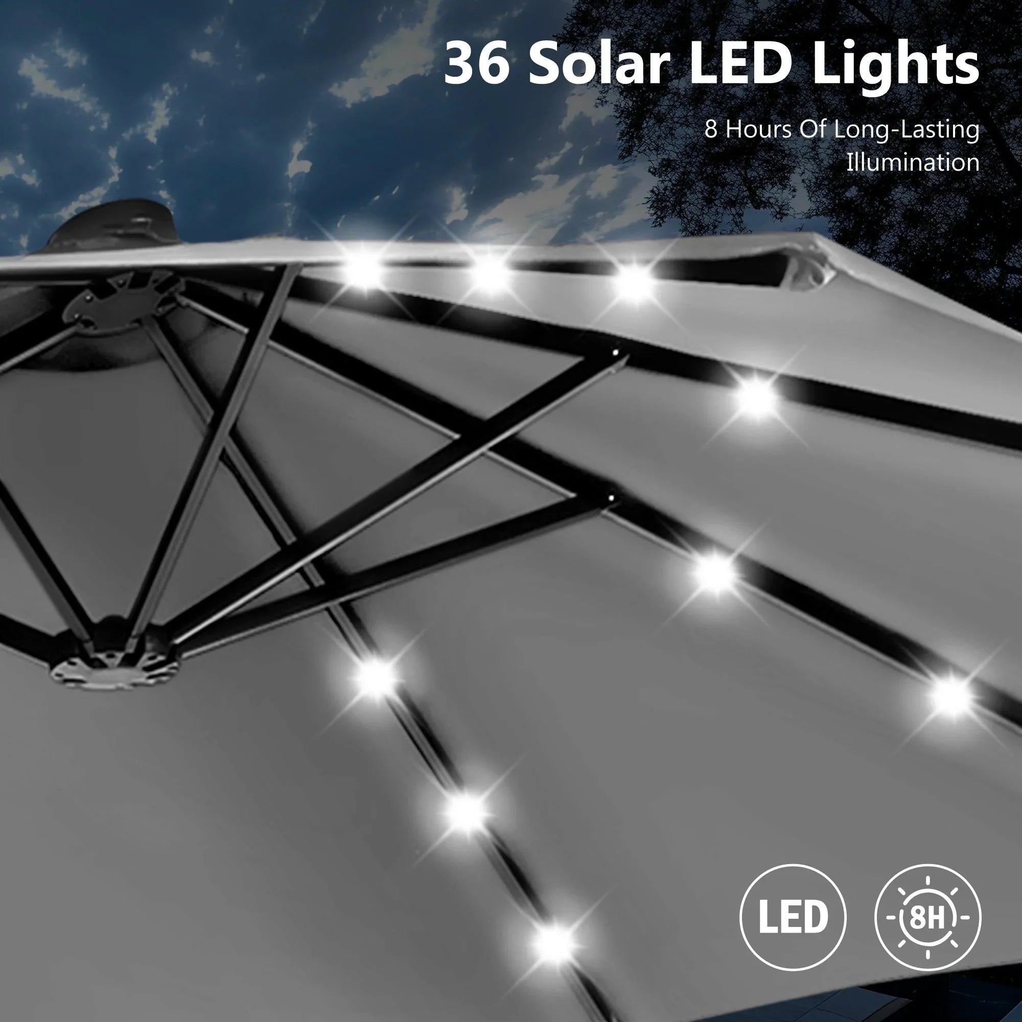 MAISON ARTS 15-foot Rectangular Crank Double-sided Outdoor Market Umbrella Solar LED Lighted Patio Umbrella with Base Included
