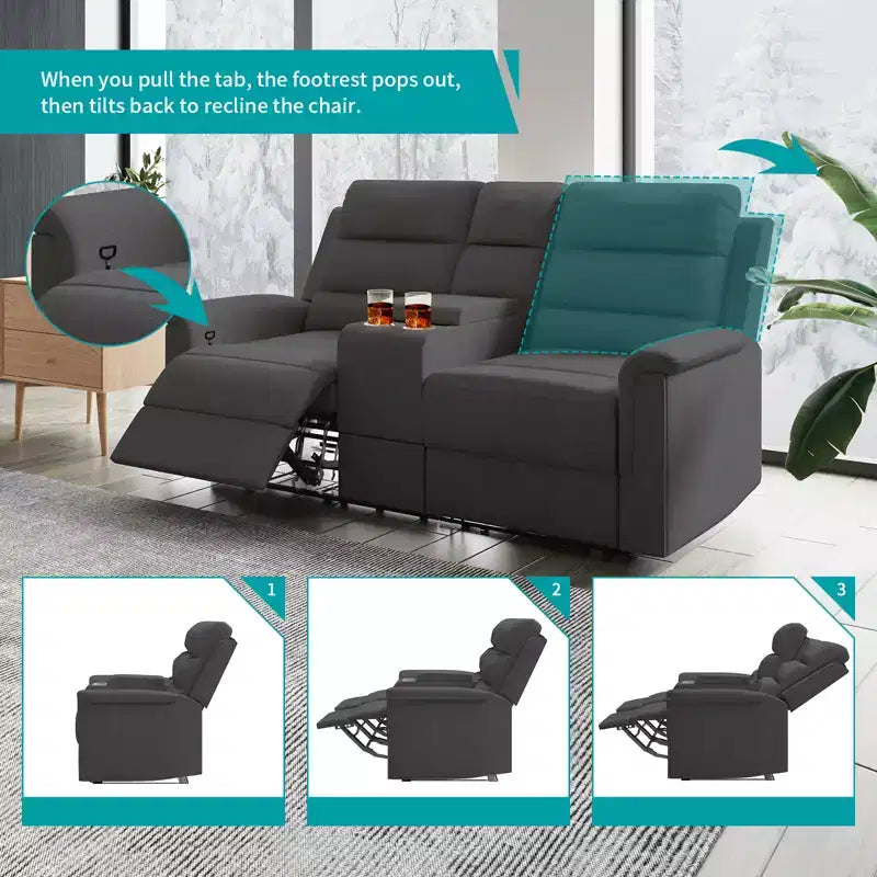 Beige/Gray Tech Fabric Reclining Loveseat Sofa, 2-Seat, Adjustable Backrest & Footrest