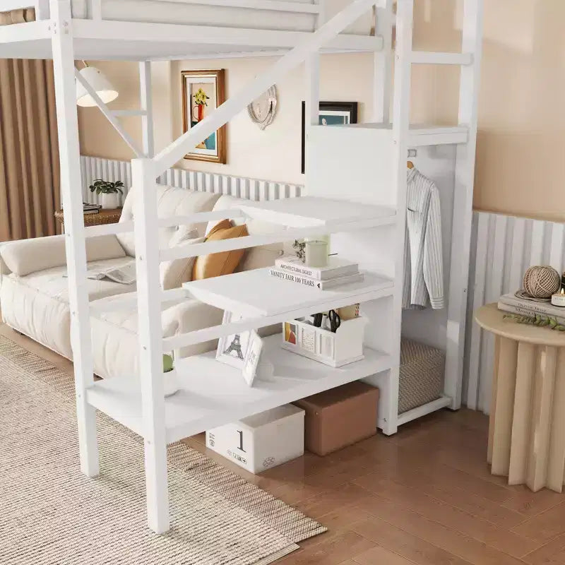 Okak 94IN Twin Size Loft Bed with Wardrobe, Twin Bed with Storage Shelves and Basket, Bed Frames for Bedroom, Dormitory