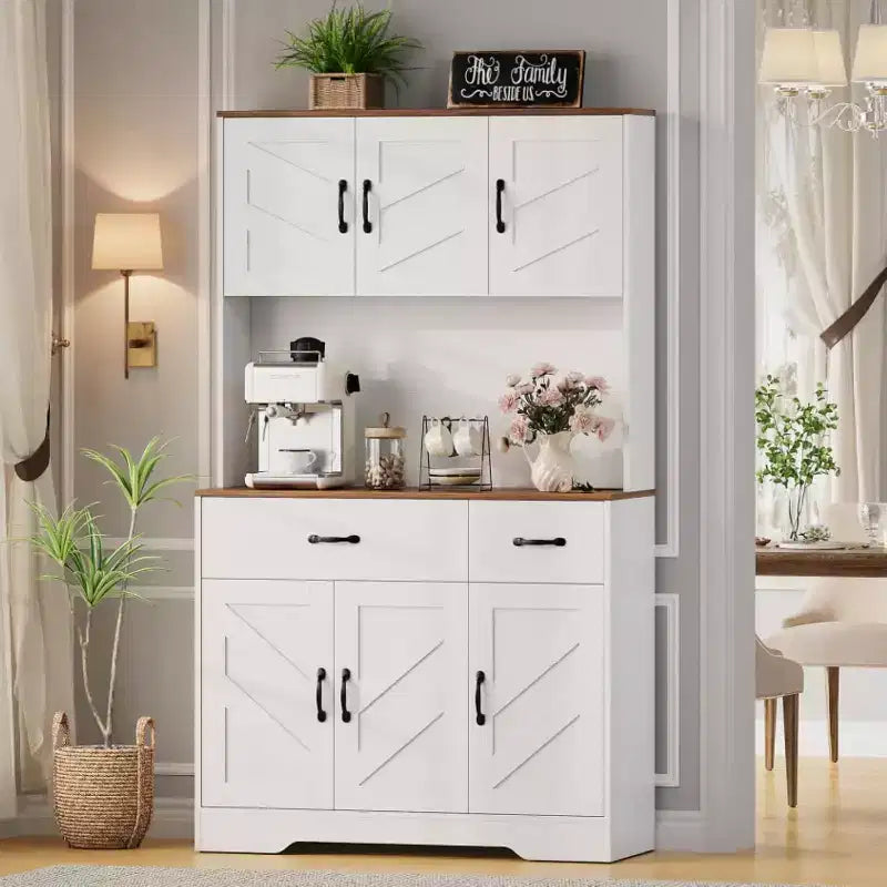 71 Kitchen Pantry Cabinet with Charging Station, Large Countertop, Microwave Stand & 2 Drawers,Hutch Storage for Dining & Living Room