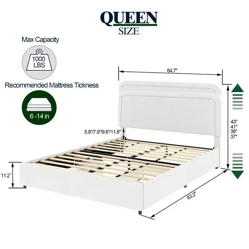Modern Boucle Upholstered Queen Size Bed with Storage Drawers