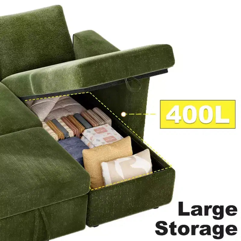 2-in-1 Pull Out Sleeper Sofa with Storage Chaise, Chenille Sectional Couch with USB Ports for Living Room