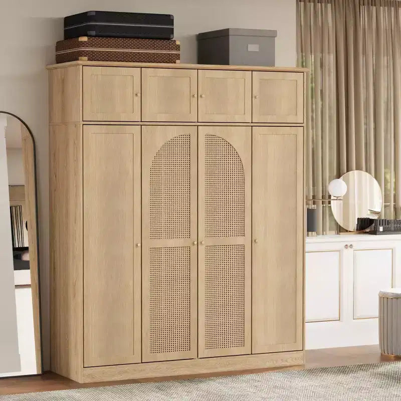 70.87Tall 8-Door Large Capacity Armoire Wardrobe Closet with Hanging Rod, Adjustable Shelves and Rattan Decorative Doors
