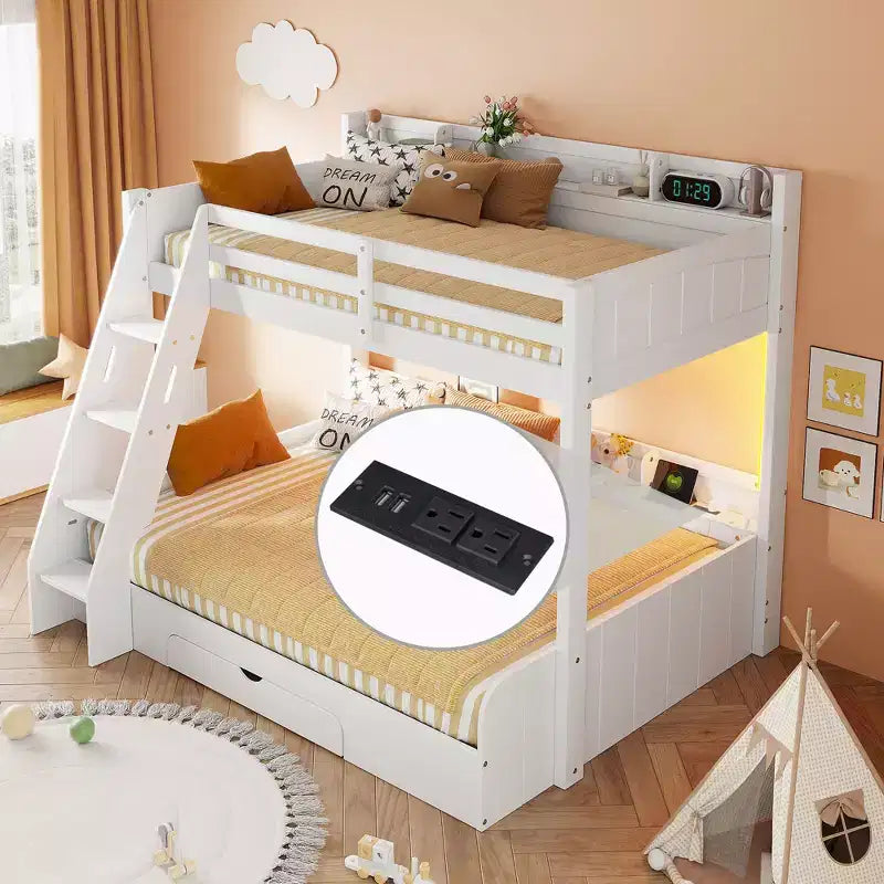 Twin over Full Bunk Bed with Storage, LED Lights & Charging Station, Wood Bunked Bed Beside Shelves for Kids & Teens