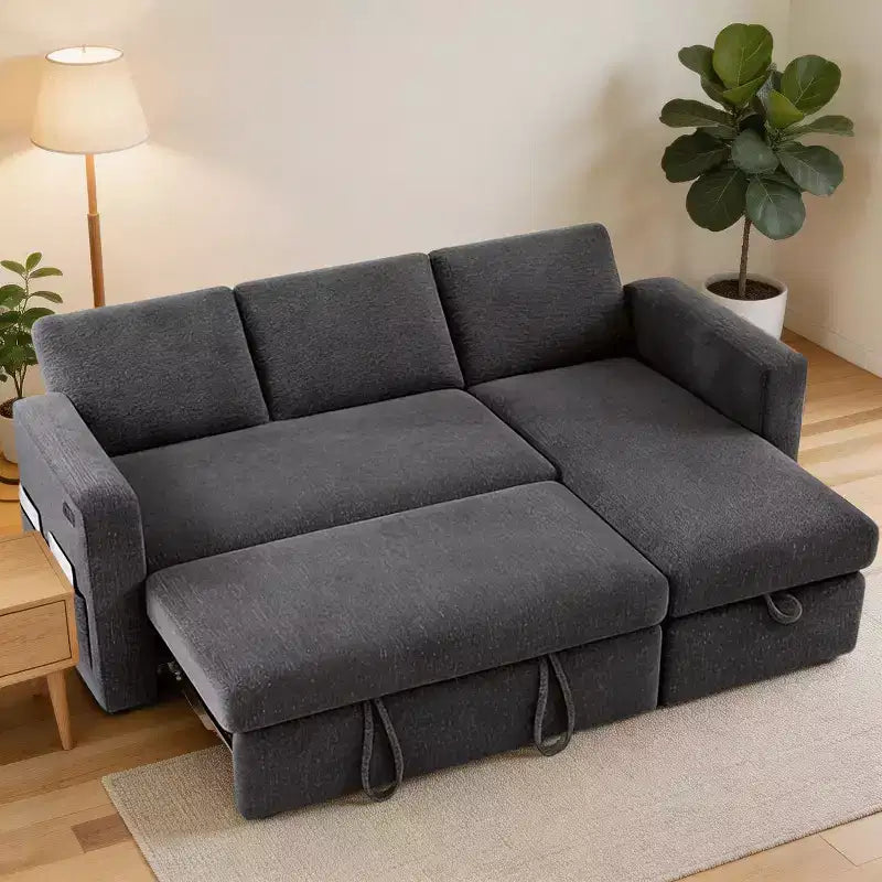 Dyonery 81 Sectional Sleeper Sofa, L-Shaped Pull Out Couch with Reversible Storage Chaise, USB, Reclining Backrest
