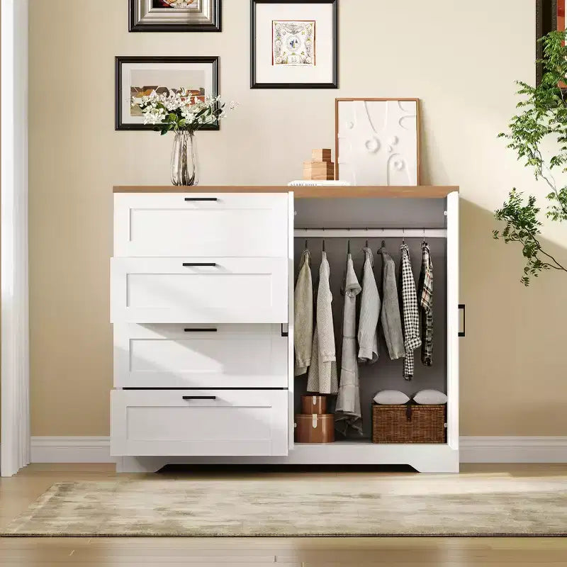 43.3 H Wood Armoire Wardrobe Closet with 4 Drawers & Hanging Rod, Multifunctional Bedroom Clothing Storage Cabinet Dresser