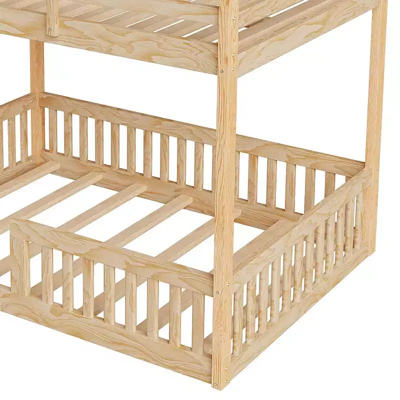 Full over Full Wooden Bunk Bed with Ladder and Guardrails, Low Floor Full Size Bunk Beds with Slats Support