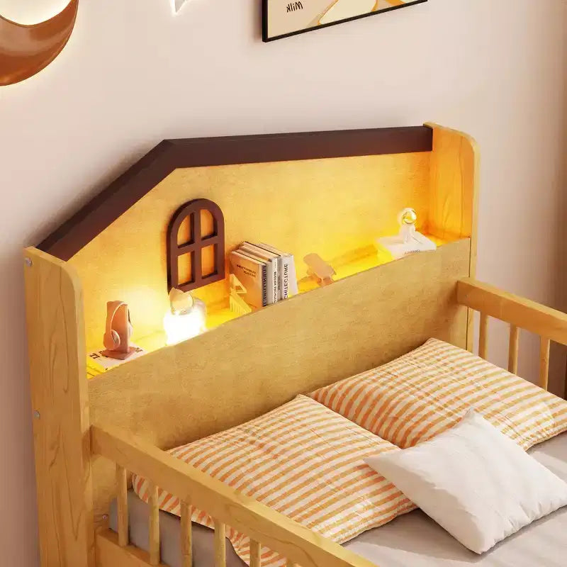 Whisen Low Twin Loft Bed with LED Lights, House Shape Headboard & Storage Drawers, Solid Construction