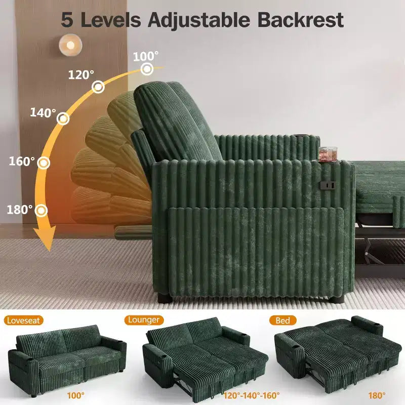 Dyonery 91 Sectional Sleeper Sofa Bed with Pull Out Bed,Reclining Backrest/Two Pull Out Beds/USB Ports/Cup Holders, Plush Corduroy