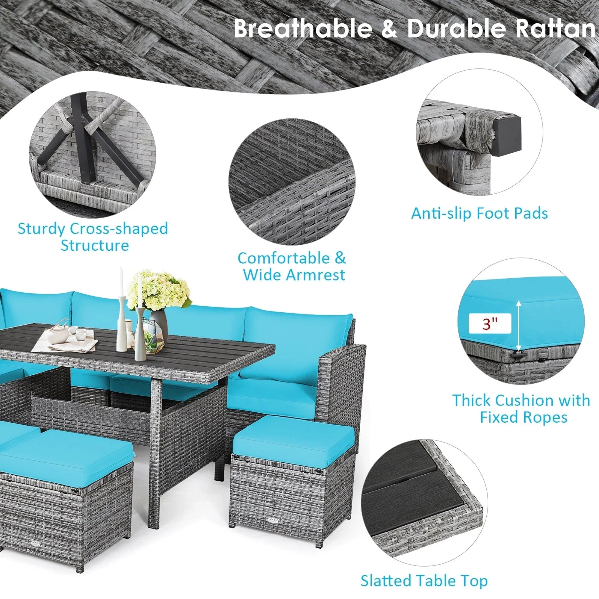 Costway 7 PCS Patio Rattan Dining Set Sectional Sofa Couch Ottoman - See Details