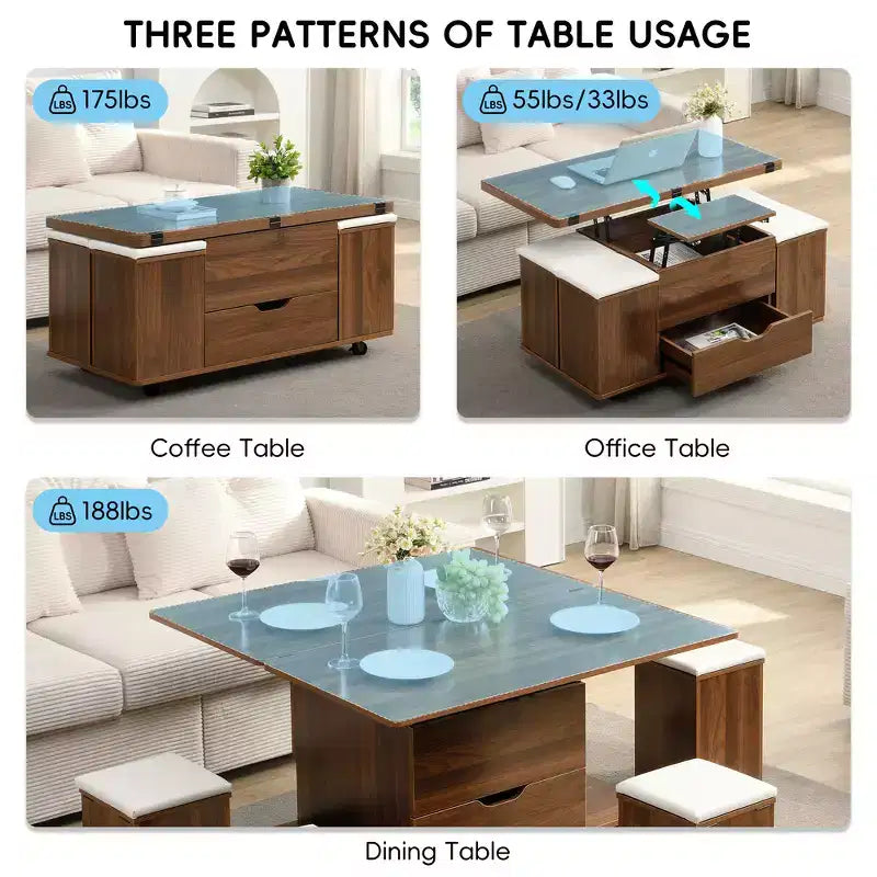 Multi-Function Modern Lift-Top Coffee Table with Hidden Storage, 4 Stools and Casters, Perfect for Modern Living Spaces
