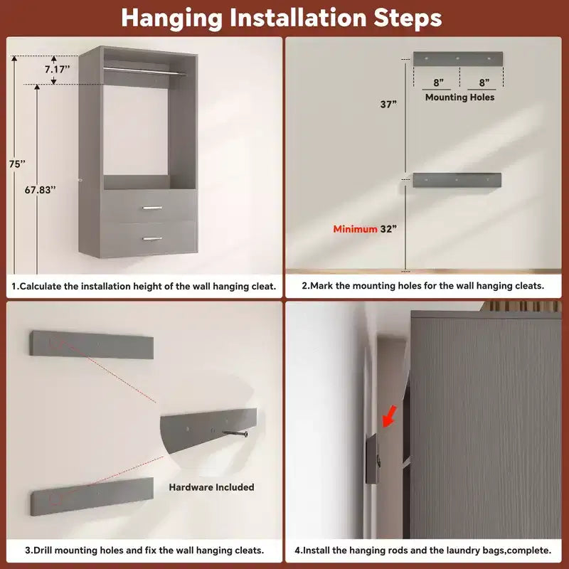 Besiost Freestanding Closet System with 8 Hannging Rods and Drawers, Hanging Closet Organizer with 10 Shelves