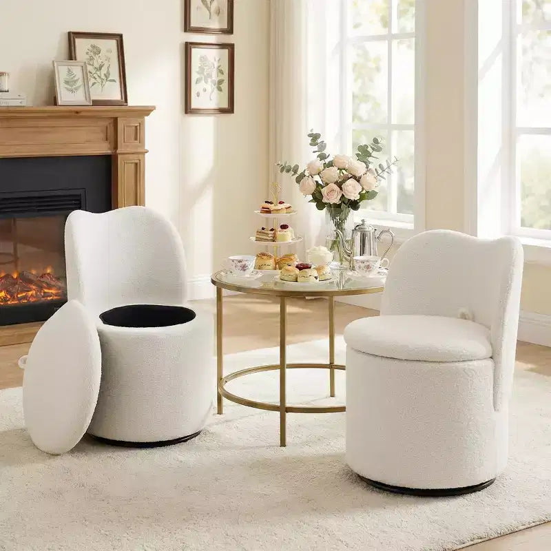 Swivel Vanity Chair with Storage, Upholstered Round Makeup Stool with Back, Soft Padded Barrel Accent Armchair for Bedroom & Living Room