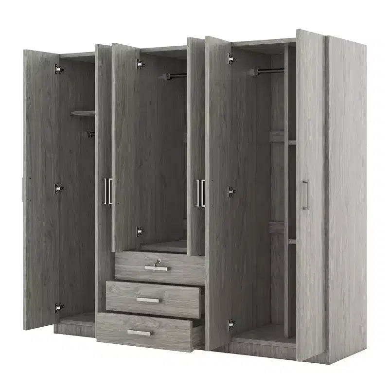 6-Door Wooden Wardrobe with Drawers for Bedroom