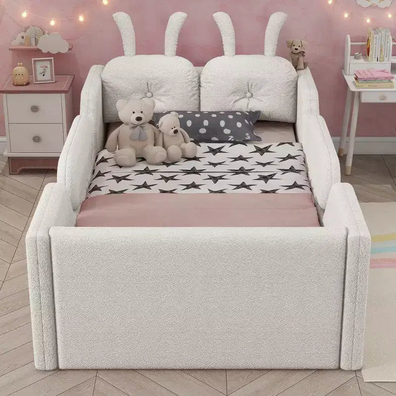 Whisen Twin Platform Bed, Kids Floor Upholstered Bed Frame with Rabbit Cushion, Removable Side Rails
