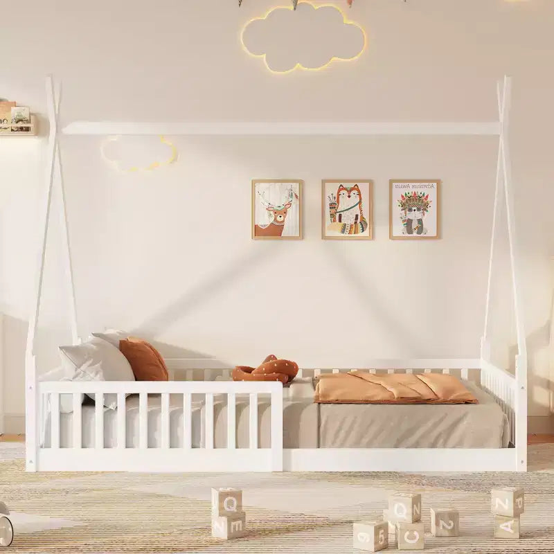 Floor Bed for Kids, Twin Size Tent Beds, Montessori Floor Bed with Slats and Fence Rails, Wood House Bed Frame for Boys Girls