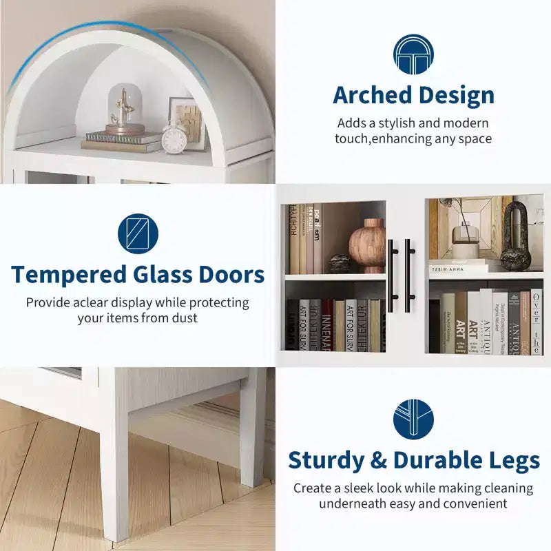 Storage Cabinet, Black/White, Arched Style, Single, 71 Tall with LED Lights & Glass Doors