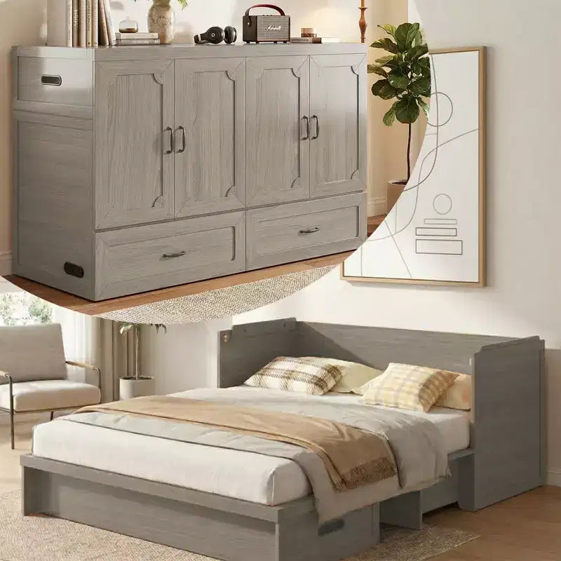 Mjkone Queen Size Convertible Murphy Cabinet Bed with Mattress, USB Charging, Storage Drawers