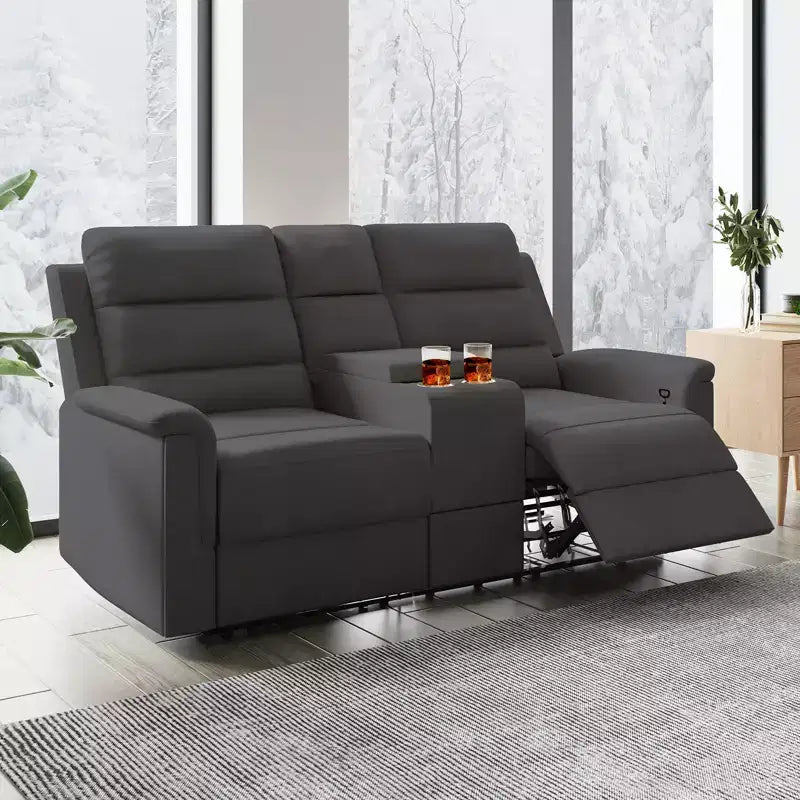 Beige/Gray Tech Fabric Reclining Loveseat Sofa, 2-Seat, Adjustable Backrest & Footrest