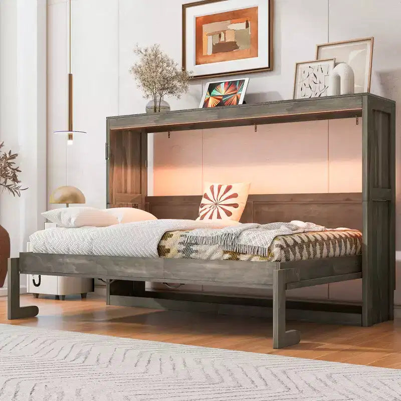 Twin Size Murphy Bed with LED Light, can be Folded into a Cabinet, Hidden Wall Bed Cabinet for Guest Room