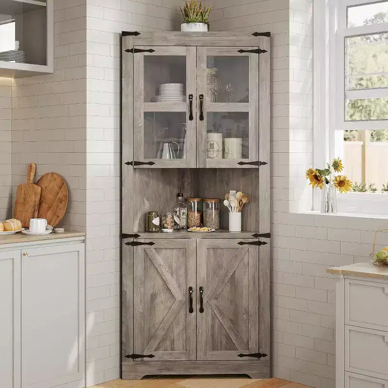 69 Tall Corner Cabinet, Farmhouse Corner Storage Cabinet, Space Saving Storage, Glass Door, Adjustable Shelves, for Living Room, Kitchen