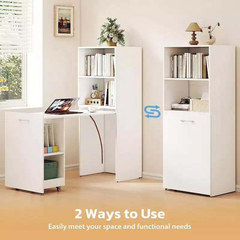 MooxvMoo Stretchable Desk with Storage Shelves and Mobile Wheels, Foldable Computer Table for Small Apartments and Home Offices, White
