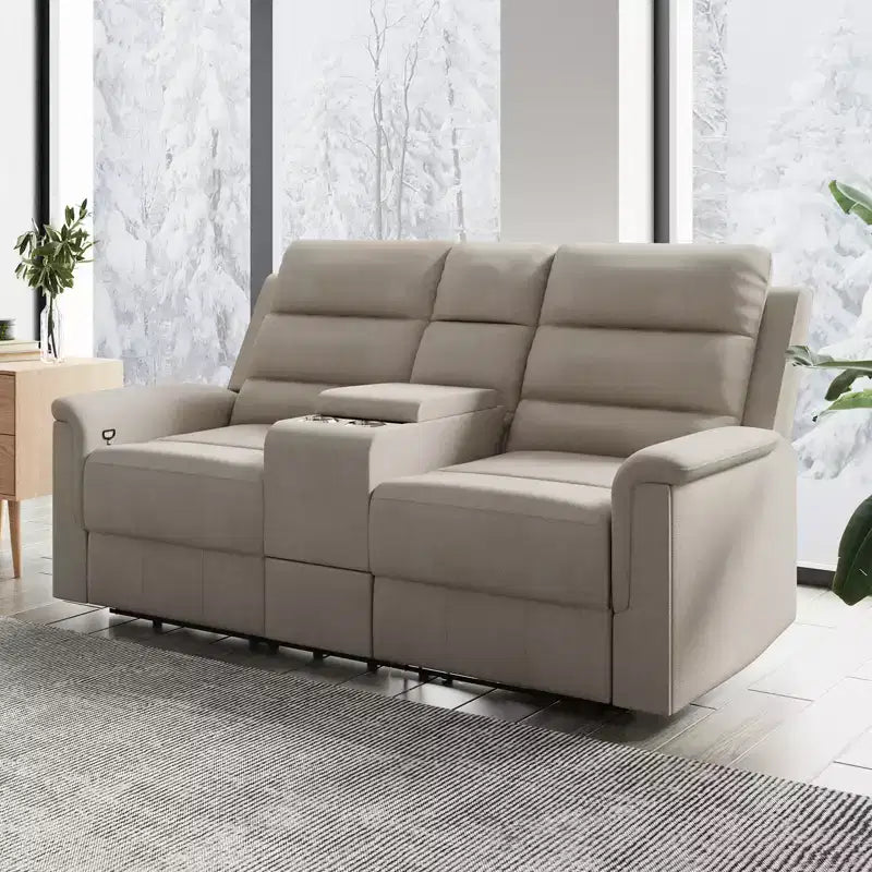 Beige/Gray Tech Fabric Reclining Loveseat Sofa, 2-Seat, Adjustable Backrest & Footrest