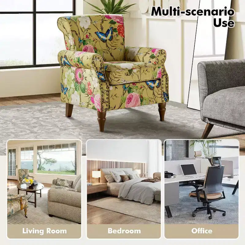 Araceli Traditional Wooden Upholstered Floral Armchair with Wingback and Nailhead Trim| ART OF LIVING DESIGNS
