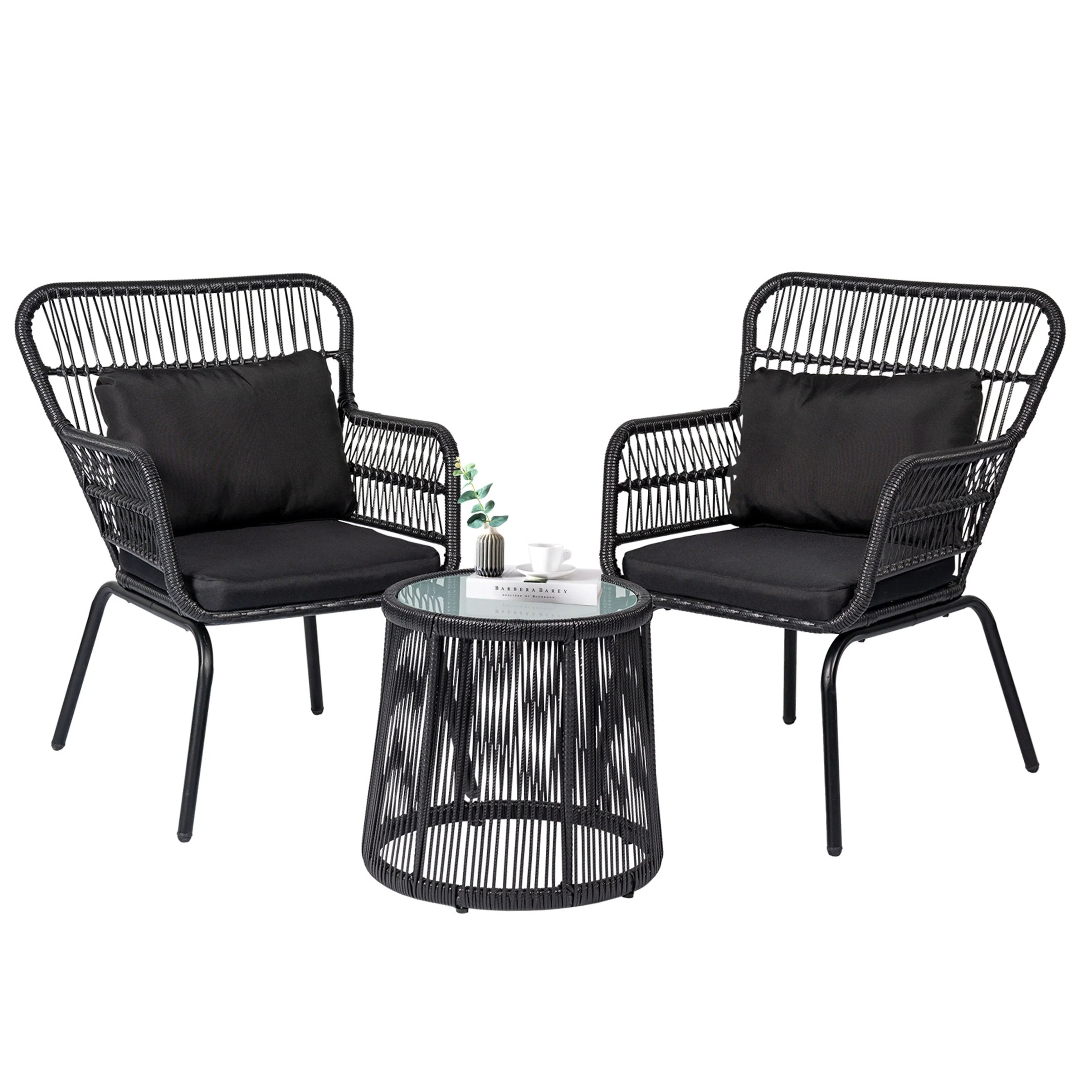 Ensemble bistrot 3 pièces en osier pour conversation, salon de jardin en rotin résistant aux intempéries avec coussins