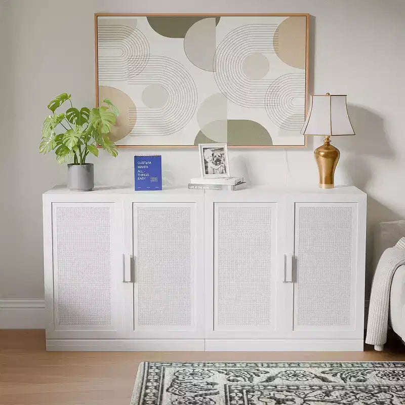 3-Set Rattan Door Sideboard Buffet Storage Cabinets with Adjustable Shelves - 93Lx31H