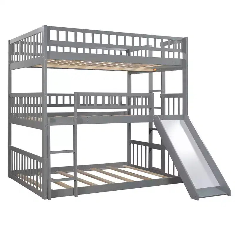 Full Over Full Triple Bunk Bed with Convertible Ladder and Slide, Triple Bed with Guardrails, White/Gray/Espresso - ModernLuxe