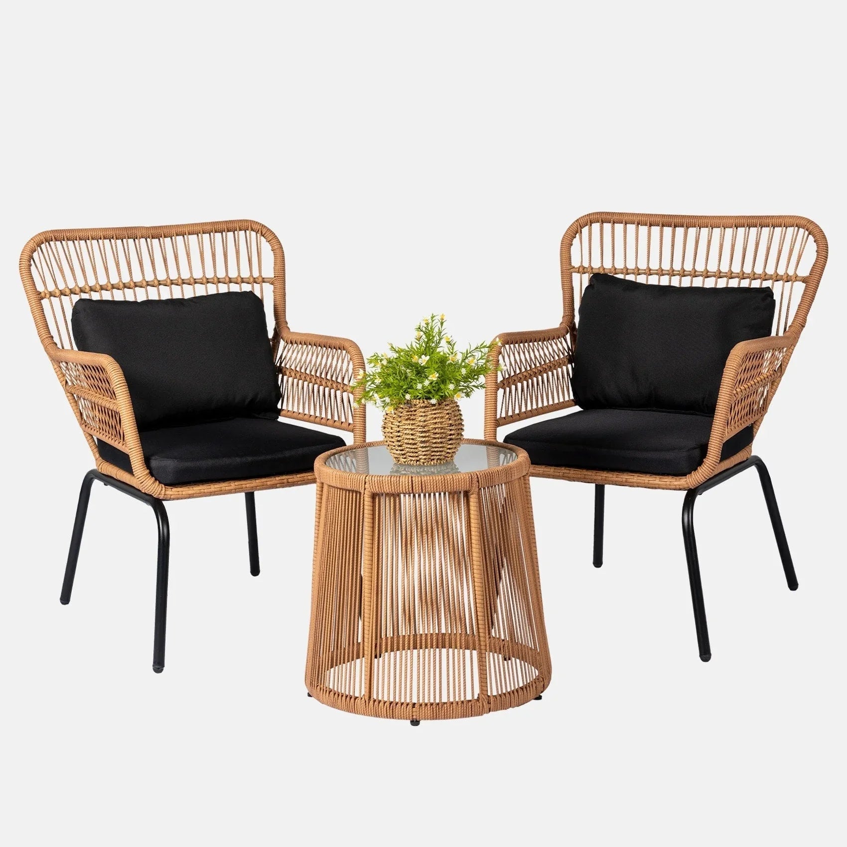 Ensemble bistrot 3 pièces en osier pour conversation, salon de jardin en rotin résistant aux intempéries avec coussins