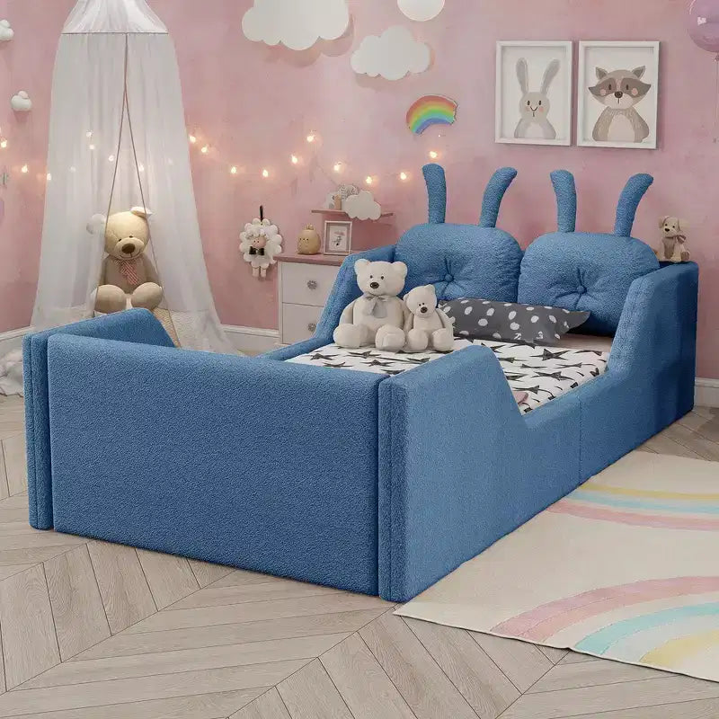 Whisen Twin Platform Bed, Kids Floor Upholstered Bed Frame with Rabbit Cushion, Removable Side Rails