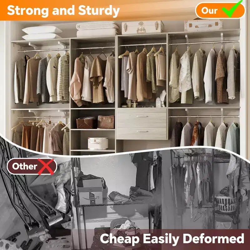 Freestanding Closet System with 8 Hannging Rods and Drawers, Hanging Closet Organizer with 10 Shelves