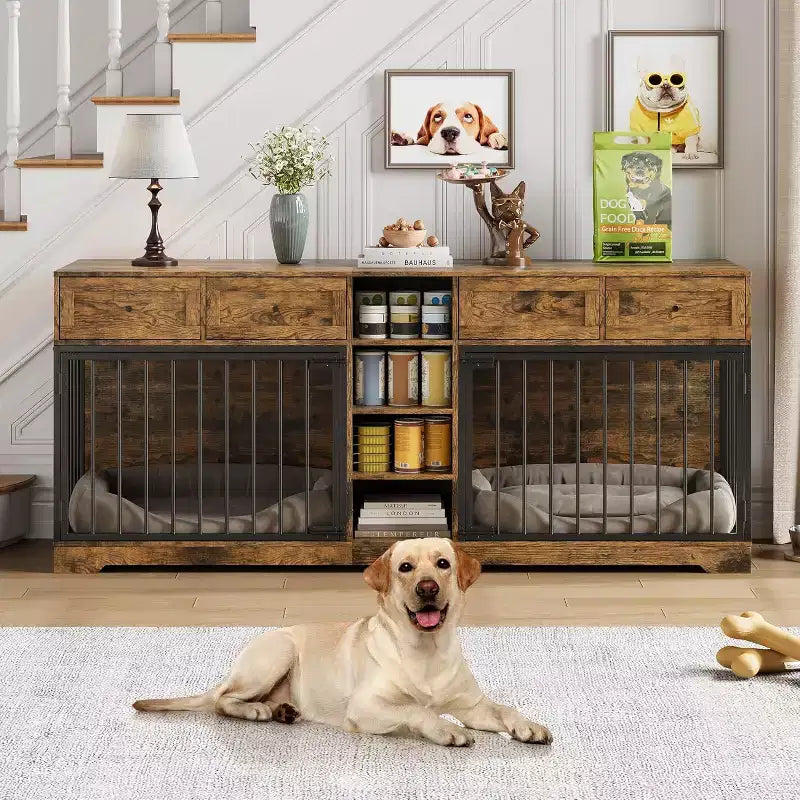 82 Double Dog Crate Furniture, Large Dog Kennel Indoor for 2 Dogs, Heavy Duty Wooden Dog Crate TV Stand with 4 Drawers and Shelves