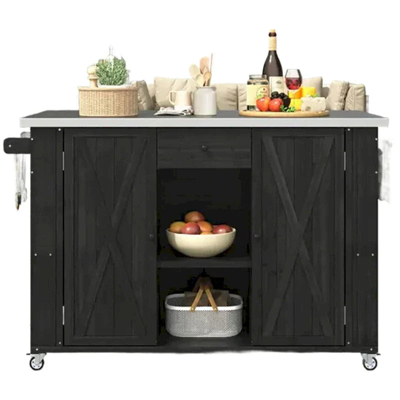 Îlot de cuisine d'extérieur, bois de sapin rustique avec plateau en acier inoxydable et rangement intelligent