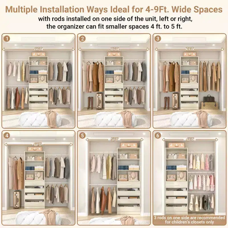 Besiost 4-9 Ft Wooden Closet Organizer System with 4 Drawers, 4 Hanging Rods & Shelving Towers